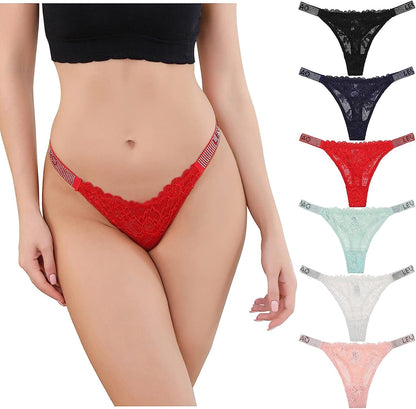 LEVAO Sexy Panties, Thongs for Women Letter Rhinestones G-String Low-Rise Tanga Stretch Underwear Multipack (3-6 Pack,S-Xl) 6-pack Mixed / Small