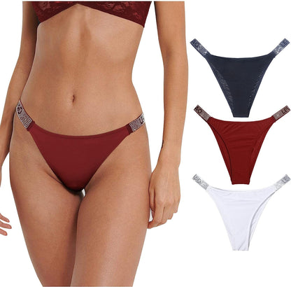 LEVAO Sexy Panties, Thongs for Women Letter Rhinestones G-String Low-Rise Tanga Stretch Underwear Multipack (3-6 Pack,S-Xl) 3-color Mixed Thong / Large