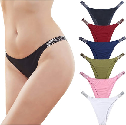 LEVAO Sexy Panties, Thongs for Women Letter Rhinestones G-String Low-Rise Tanga Stretch Underwear Multipack (3-6 Pack,S-Xl) 6-color Mixed Thong / Medium
