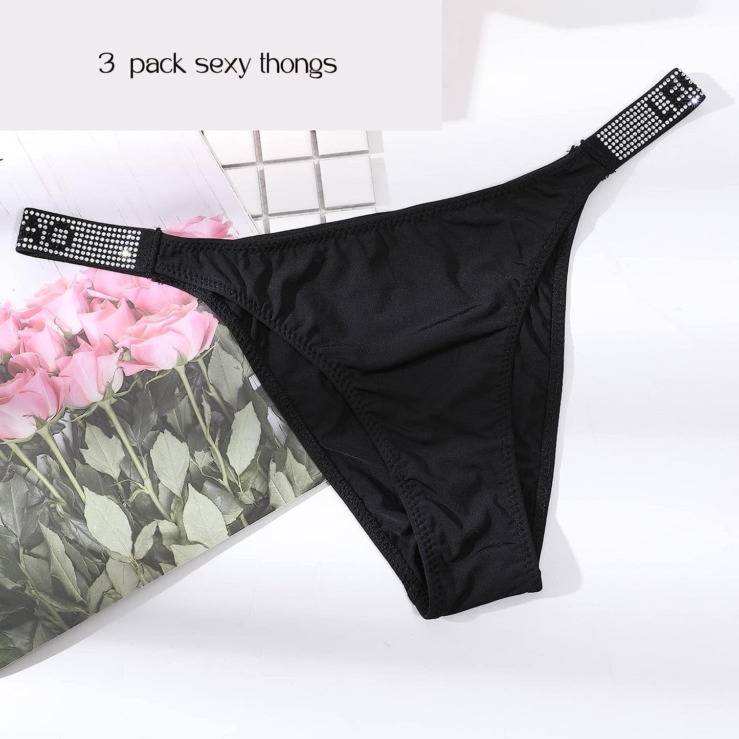 LEVAO Sexy Panties, Thongs for Women Letter Rhinestones G-String Low-Rise Tanga Stretch Underwear Multipack (3-6 Pack,S-Xl)