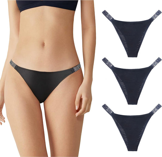 LEVAO Sexy Panties, Thongs for Women Letter Rhinestones G-String Low-Rise Tanga Stretch Underwear Multipack (3-6 Pack,S-Xl) 3-pack-black / Medium