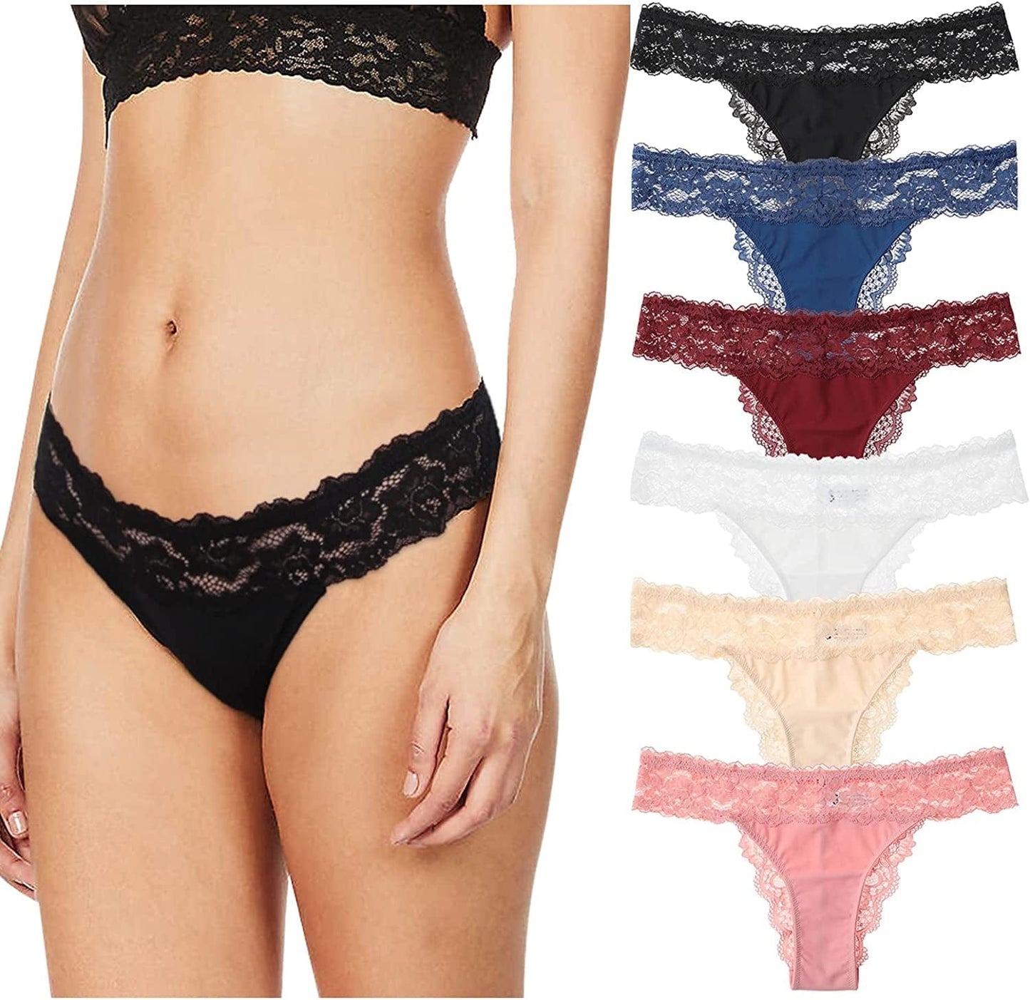 LEVAO Thongs for Women Lace Underwear Tangas Sexy Low Waist Panties Pack of 6 6 Pack-b(black/Blue/Red/White/Nude/Flesh Pink) / Small