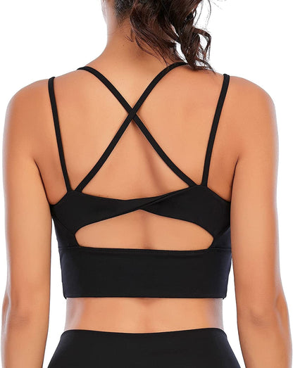 Lianshp Longline Sports Bra Cross Back Strappy Tank Top for Women Yoga Workout Running Shirts Black / Large