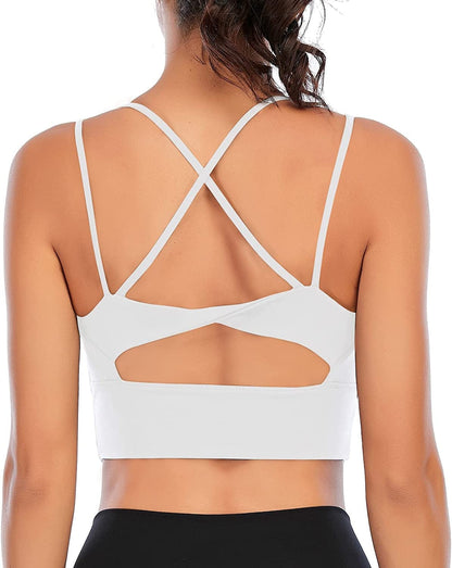 Lianshp Longline Sports Bra Cross Back Strappy Tank Top for Women Yoga Workout Running Shirts White / Small