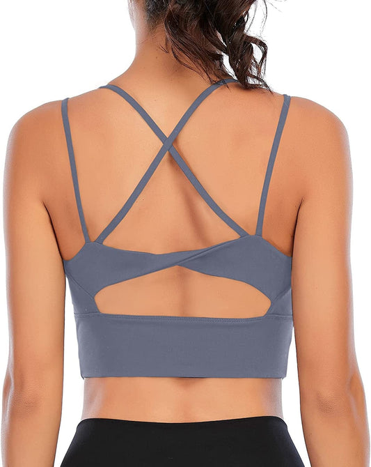 Lianshp Longline Sports Bra Cross Back Strappy Tank Top for Women Yoga Workout Running Shirts Gray / Large