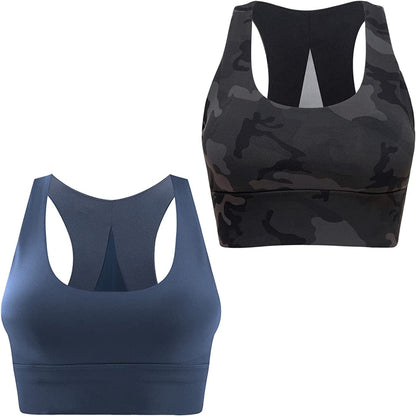 Light & Leaf Sports Bras for Women Medium Impact Longline Yoga Workout Bra- Running Gym Activewear 2 Pack(navy Blue/ Camo) / X-Small
