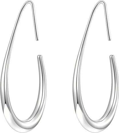 Lightweight Teardrop Hoop Earrings for Women - 14K Gold/White Gold Plated Large Oval Pull through Hoop Earrings High Polished Statement Jewelry Gift for Women Teen Girls silver