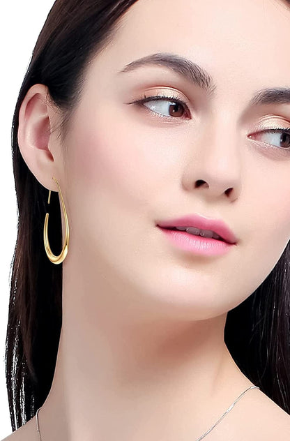 Lightweight Teardrop Hoop Earrings for Women - 14K Gold/White Gold Plated Large Oval Pull through Hoop Earrings High Polished Statement Jewelry Gift for Women Teen Girls