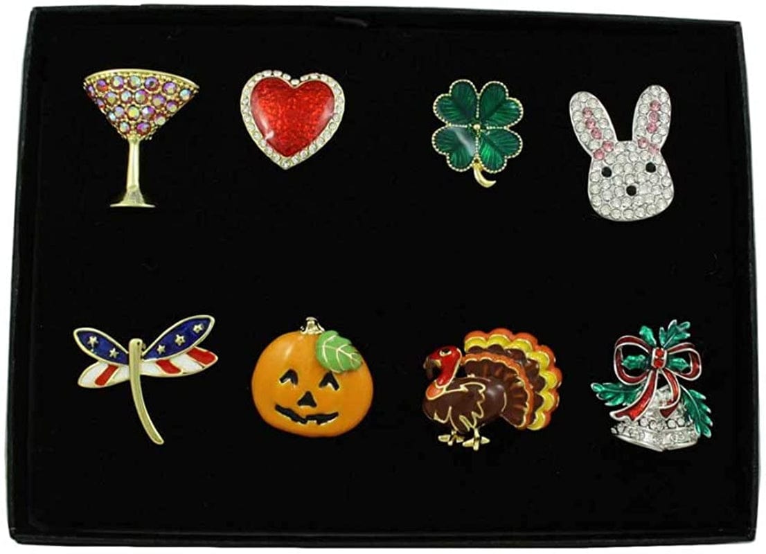 Lilylin Designs 8 Pieces Small Unisex Lapel Tac Pin Set for Women Men Girls, Unique Boxed Gift with Valentine Easter Christmas Halloween and More Holiday Jewelry