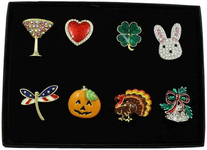 Lilylin Designs 8 Pieces Small Unisex Lapel Tac Pin Set for Women Men Girls, Unique Boxed Gift with Valentine Easter Christmas Halloween and More Holiday Jewelry