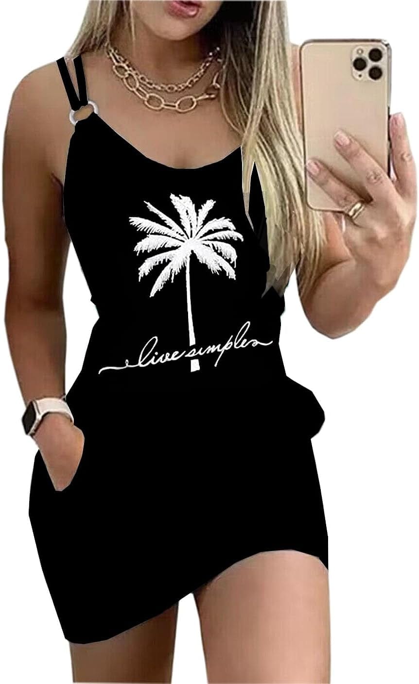 Live Simple Coconut Tree Color Block Mini Dress for Women Summer Beach Vacation Tank Dresses Sleeveless Short Dress Black / X-Large