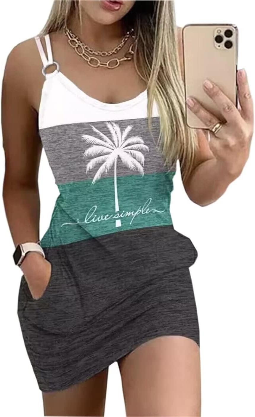 Live Simple Coconut Tree Color Block Mini Dress for Women Summer Beach Vacation Tank Dresses Sleeveless Short Dress Multicolor / X-Large