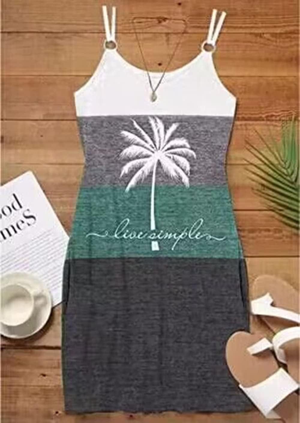 Live Simple Coconut Tree Color Block Mini Dress for Women Summer Beach Vacation Tank Dresses Sleeveless Short Dress