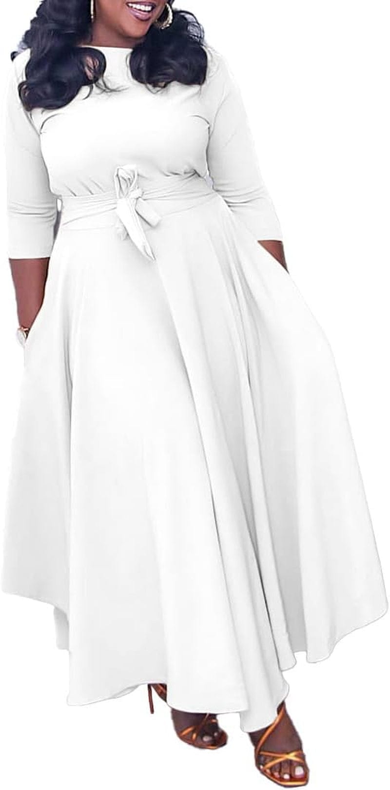 LOAIHA Women'S Oversized Cropped Sleeve Dress Summer Casual Loose Crew Neck High Waist Pleated Hem Dresses Tie Cocktail Party A-White / 3X-Large