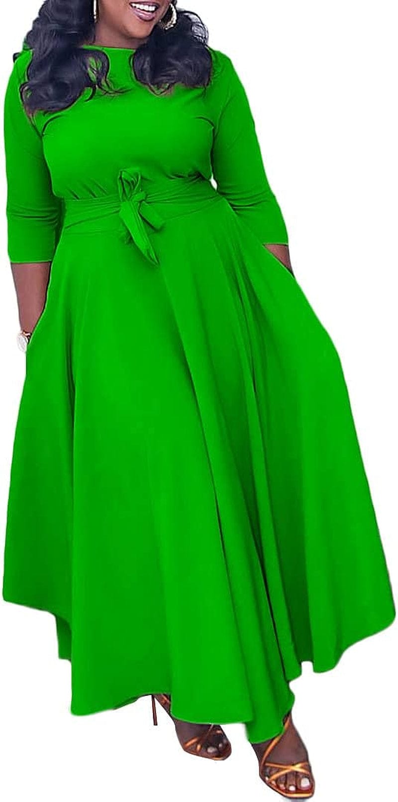 LOAIHA Women'S Oversized Cropped Sleeve Dress Summer Casual Loose Crew Neck High Waist Pleated Hem Dresses Tie Cocktail Party A-Green / X-Large