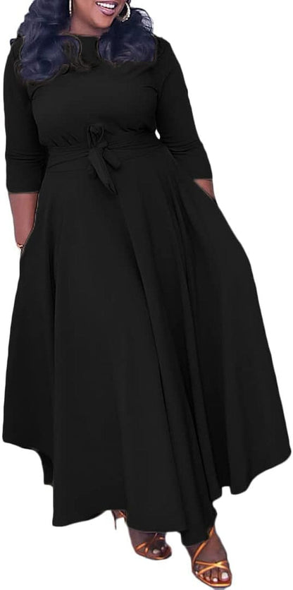 LOAIHA Women'S Oversized Cropped Sleeve Dress Summer Casual Loose Crew Neck High Waist Pleated Hem Dresses Tie Cocktail Party A-Black / Large