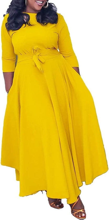 LOAIHA Women'S Oversized Cropped Sleeve Dress Summer Casual Loose Crew Neck High Waist Pleated Hem Dresses Tie Cocktail Party A-Yellow / Xx-Large
