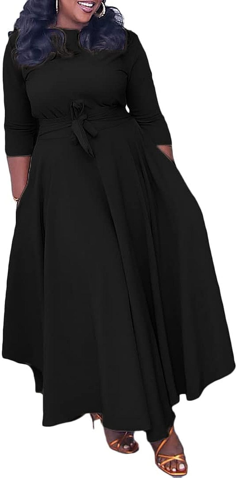 LOAIHA Women'S Oversized Cropped Sleeve Dress Summer Casual Loose Crew Neck High Waist Pleated Hem Dresses Tie Cocktail Party A-Black / Medium