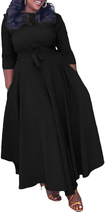 LOAIHA Women'S Oversized Cropped Sleeve Dress Summer Casual Loose Crew Neck High Waist Pleated Hem Dresses Tie Cocktail Party A-Black / Medium