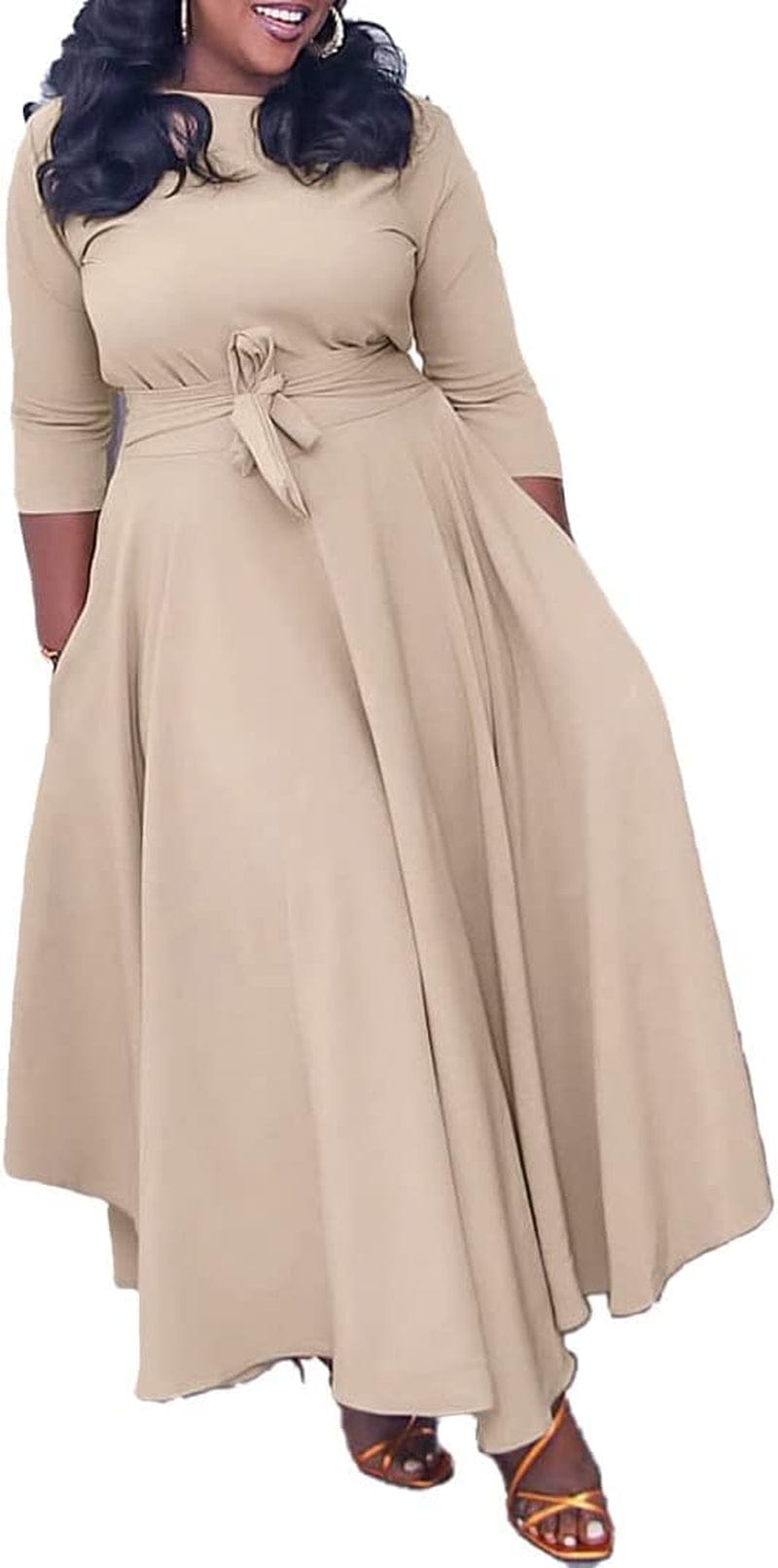 LOAIHA Women'S Oversized Cropped Sleeve Dress Summer Casual Loose Crew Neck High Waist Pleated Hem Dresses Tie Cocktail Party A-Khaki / 3X-Large