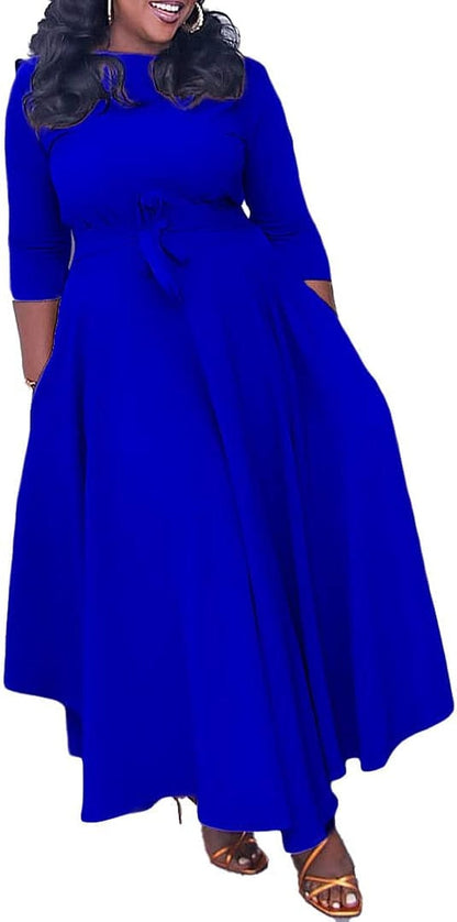LOAIHA Women'S Oversized Cropped Sleeve Dress Summer Casual Loose Crew Neck High Waist Pleated Hem Dresses Tie Cocktail Party A-Blue / Small