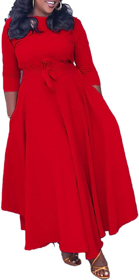LOAIHA Women'S Oversized Cropped Sleeve Dress Summer Casual Loose Crew Neck High Waist Pleated Hem Dresses Tie Cocktail Party
