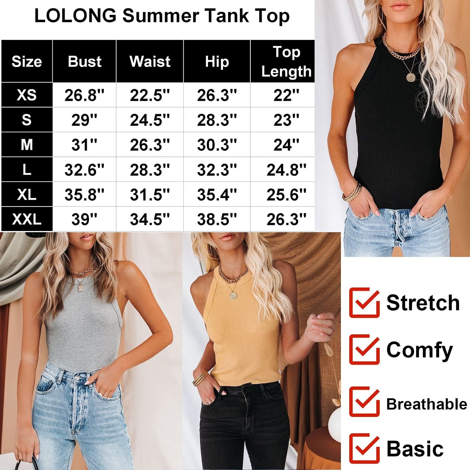 LOLONG Womens Stretch Tank Top Summer Ribbed Sleeveless Shirts