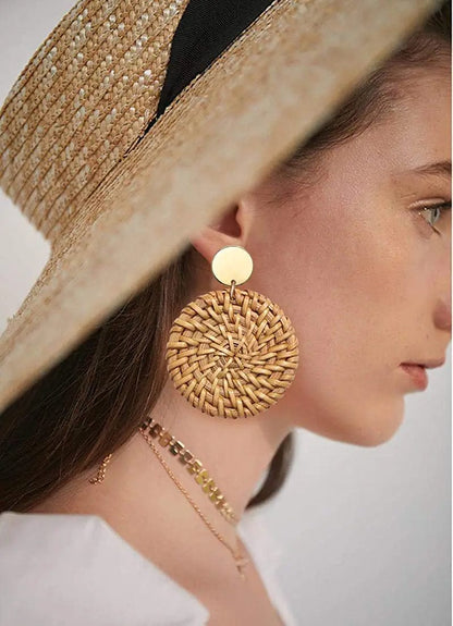 Long Necklace and Rattan Earrings Set for Women Handmade Long Tassel Rattan Necklace Wicker Earring Lightweight Weave Statement Jewelry