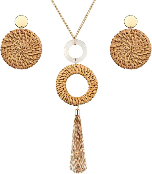 Long Necklace and Rattan Earrings Set for Women Handmade Long Tassel Rattan Necklace Wicker Earring Lightweight Weave Statement Jewelry Brown