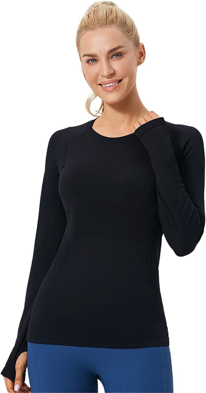 Long Sleeve Workout Tops for Women- Seamless Crew Neck Sport Long Sleeves Running Yoga Dance Pilates Womens Tops Black / Small