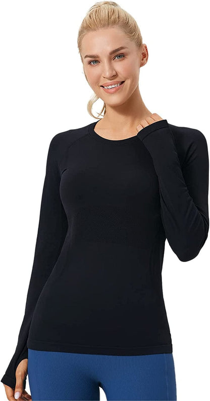 Long Sleeve Workout Tops for Women- Seamless Crew Neck Sport Long Sleeves Running Yoga Dance Pilates Womens Tops Black / Small