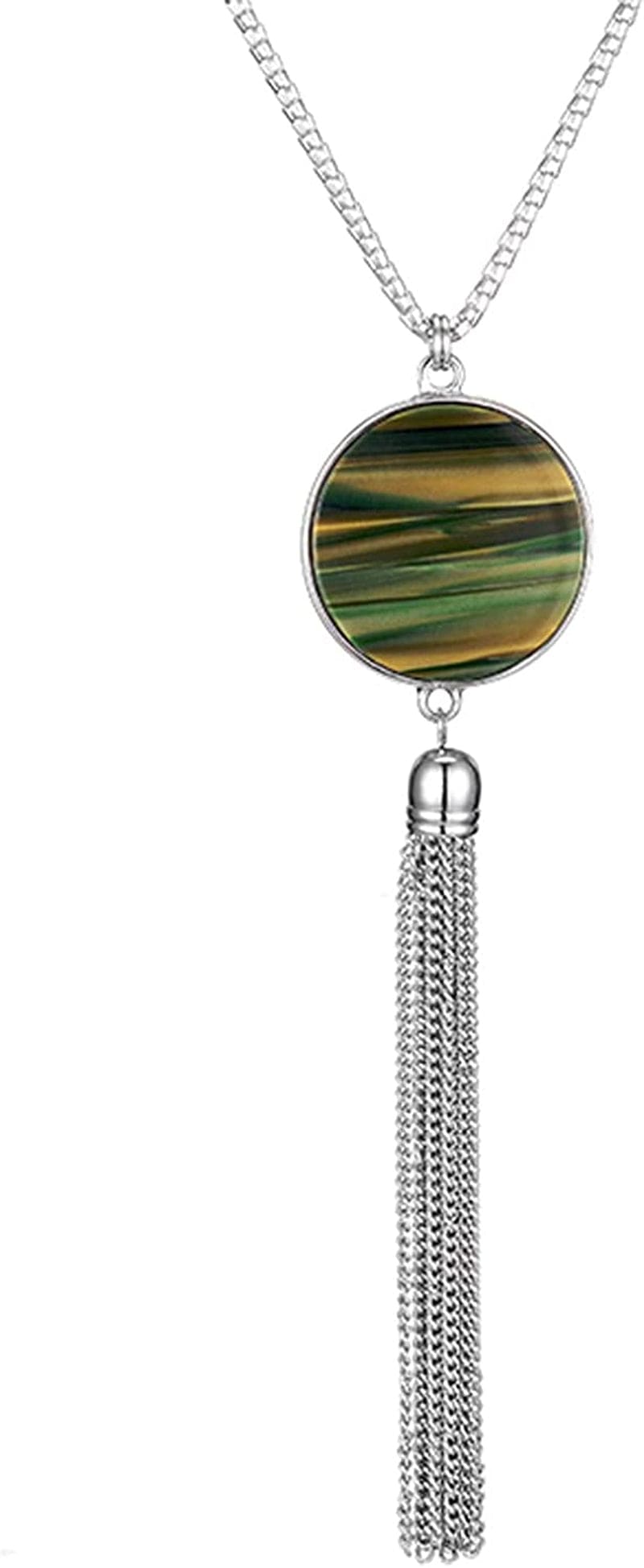 Long Tassel Pendant Necklaces for Women - Faux Pearl Necklace with Silver Chain, Fashion Jewelry for Lady Army Green