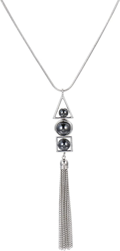 Long Tassel Pendant Necklaces for Women - Faux Pearl Necklace with Silver Chain, Fashion Jewelry for Lady Hematite