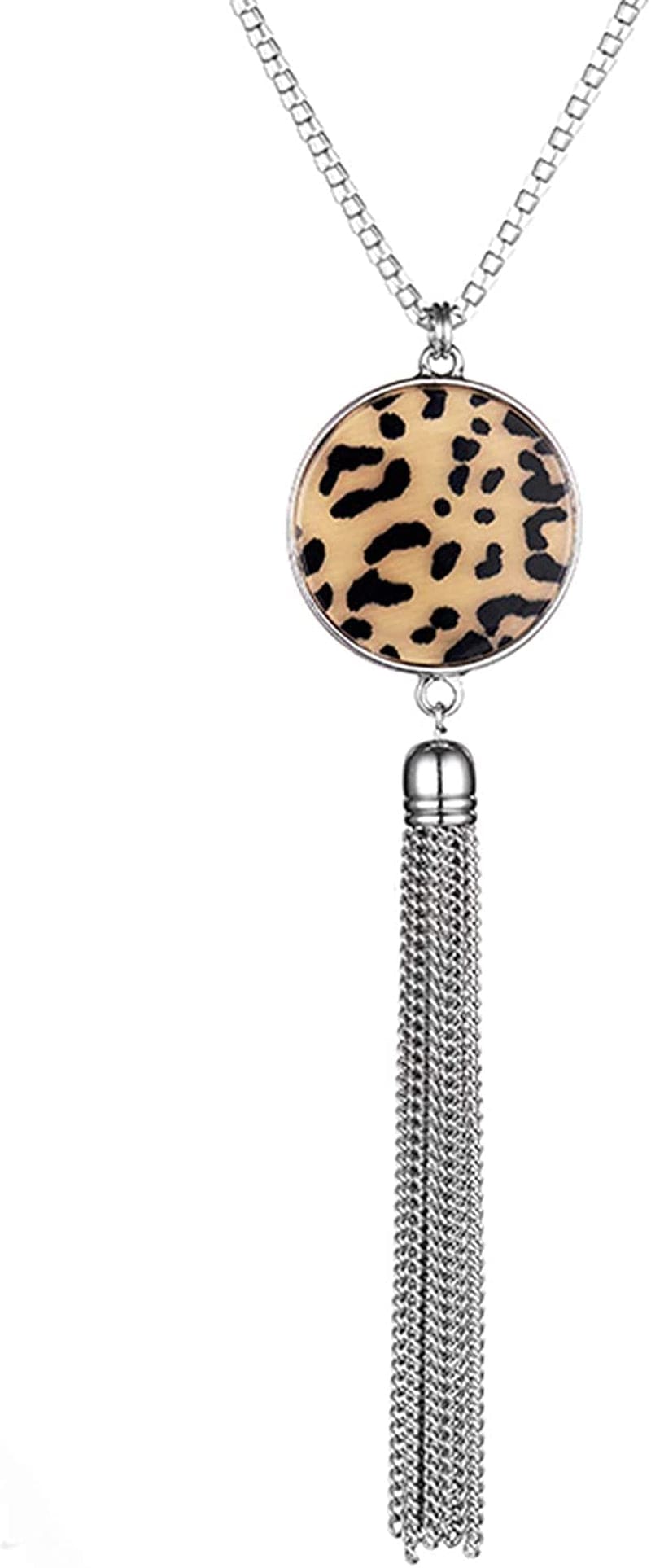 Long Tassel Pendant Necklaces for Women - Faux Pearl Necklace with Silver Chain, Fashion Jewelry for Lady Leopard print