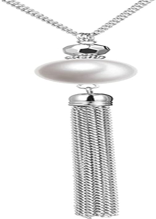 Long Tassel Pendant Necklaces for Women - Faux Pearl Necklace with Silver Chain, Fashion Jewelry for Lady White pearl