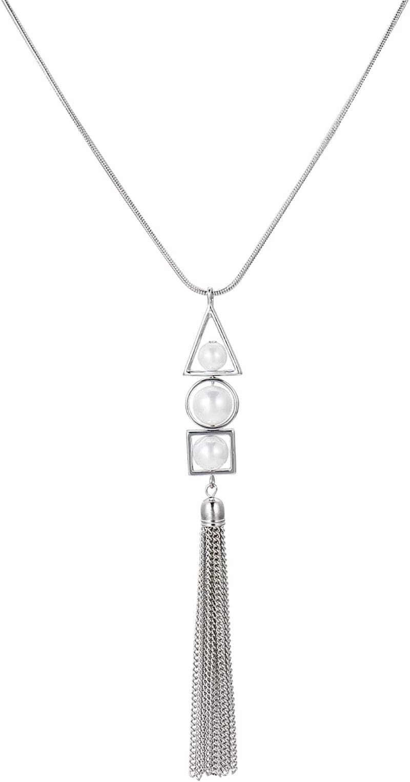 Long Tassel Pendant Necklaces for Women - Faux Pearl Necklace with Silver Chain, Fashion Jewelry for Lady Pearl color