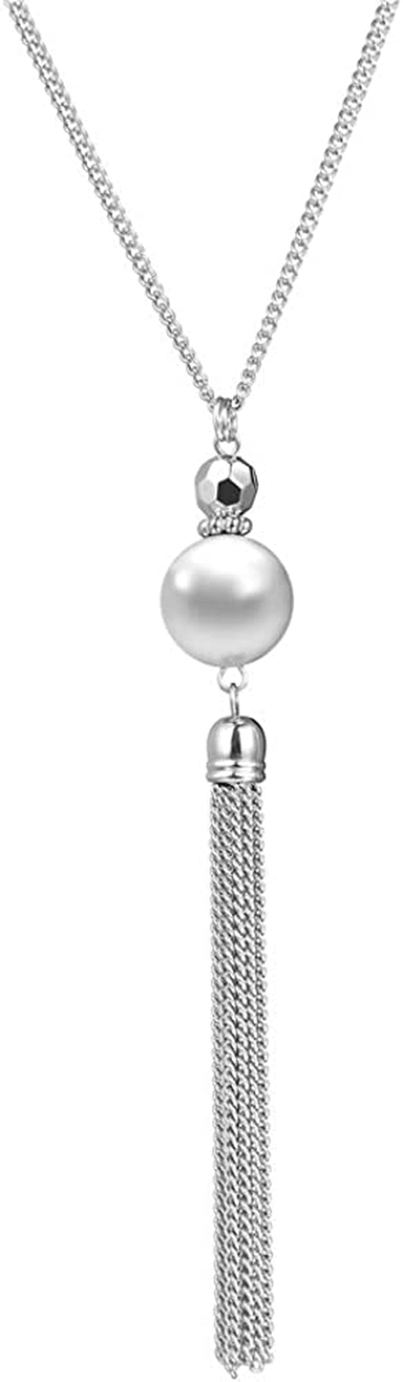 Long Tassel Pendant Necklaces for Women - Faux Pearl Necklace with Silver Chain, Fashion Jewelry for Lady Grey pearl