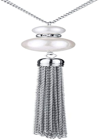 Long Tassel Pendant Necklaces for Women - Faux Pearl Necklace with Silver Chain, Fashion Jewelry for Lady White shell pearl