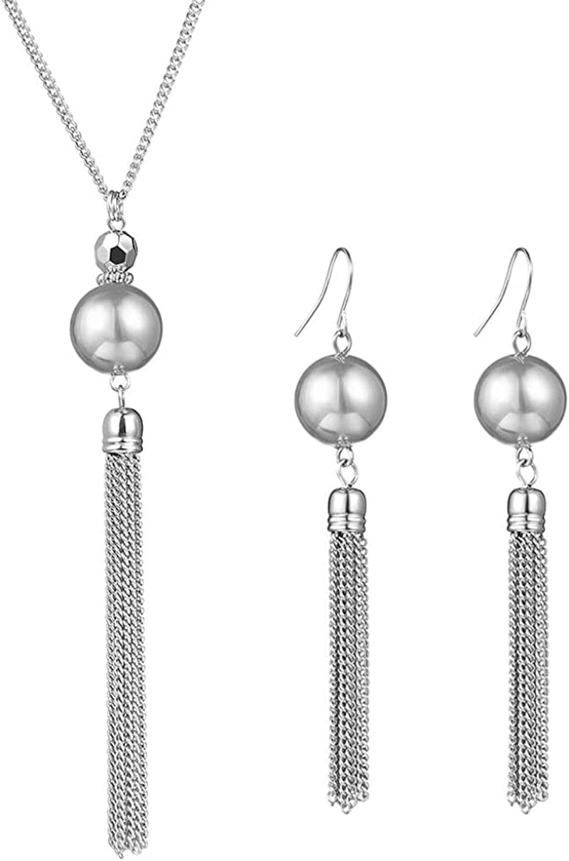 Long Tassel Pendant Necklaces for Women - Faux Pearl Necklace with Silver Chain, Fashion Jewelry for Lady Grey Necklace+Earrings