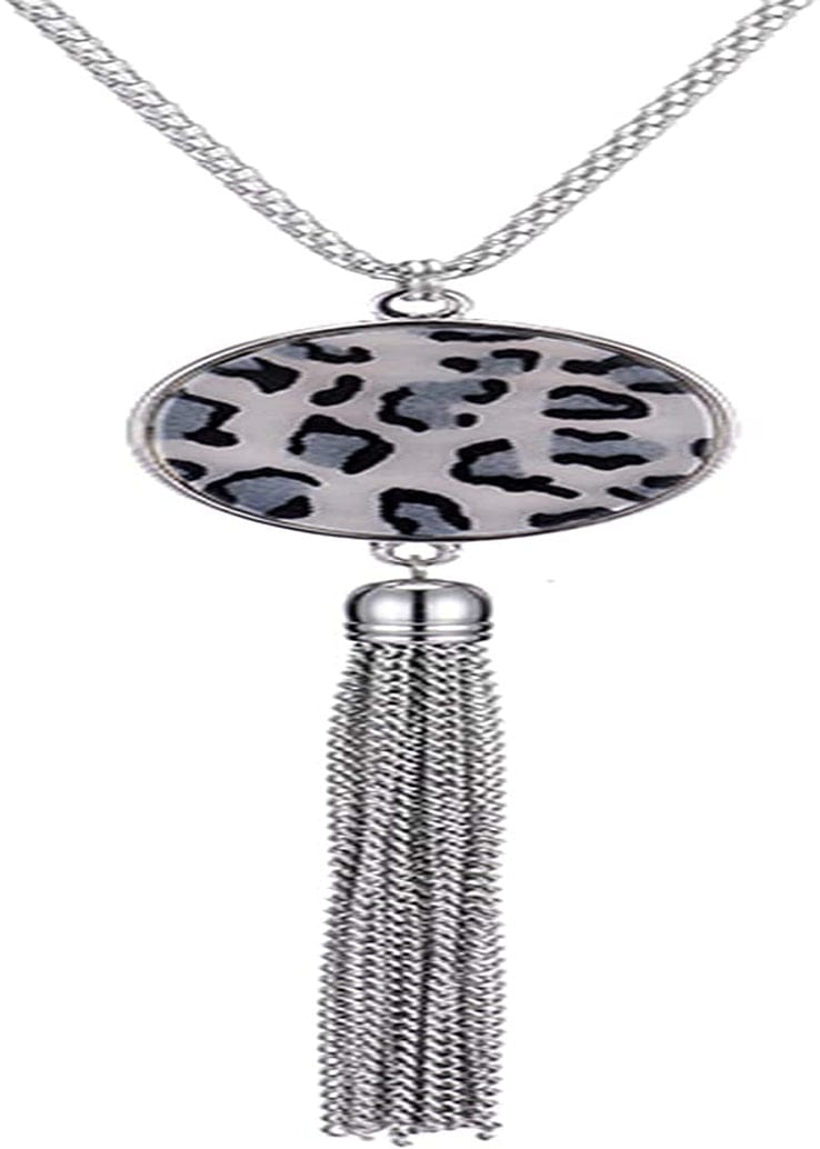 Long Tassel Pendant Necklaces for Women - Faux Pearl Necklace with Silver Chain, Fashion Jewelry for Lady Leopard grey