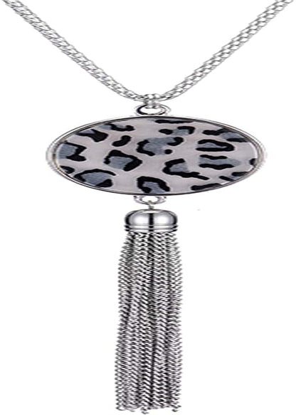 Long Tassel Pendant Necklaces for Women - Faux Pearl Necklace with Silver Chain, Fashion Jewelry for Lady Leopard grey