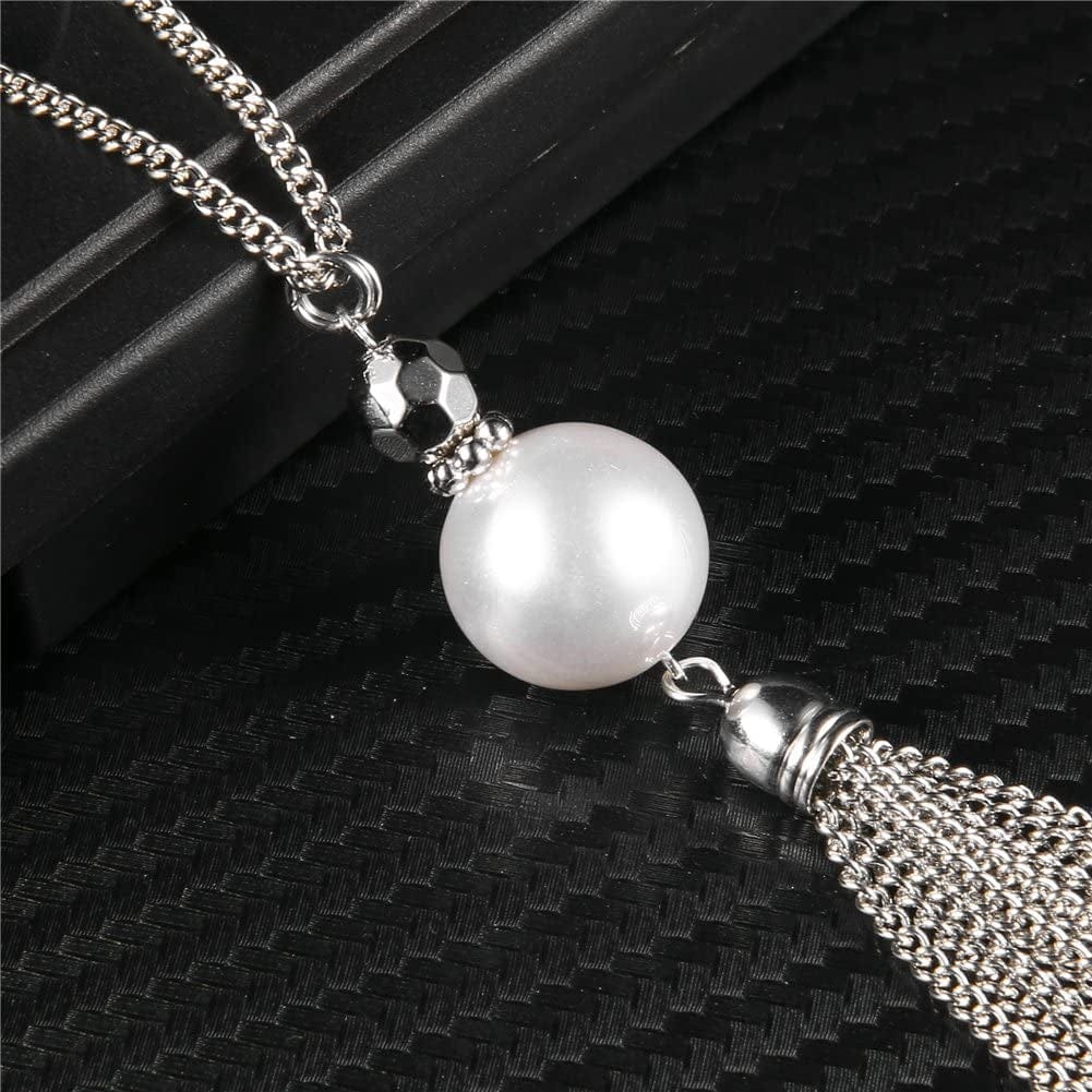 Long Tassel Pendant Necklaces for Women - Faux Pearl Necklace with Silver Chain, Fashion Jewelry for Lady