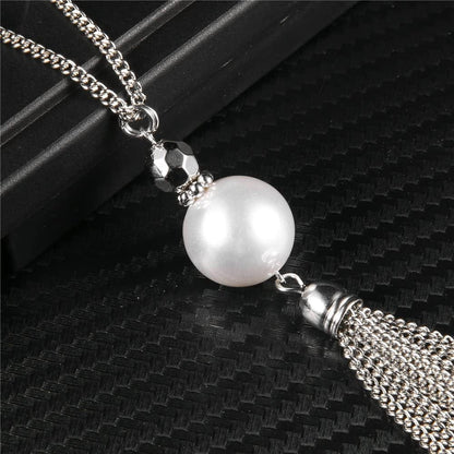 Long Tassel Pendant Necklaces for Women - Faux Pearl Necklace with Silver Chain, Fashion Jewelry for Lady