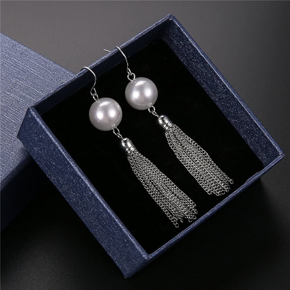 Long Tassel Pendant Necklaces for Women - Faux Pearl Necklace with Silver Chain, Fashion Jewelry for Lady