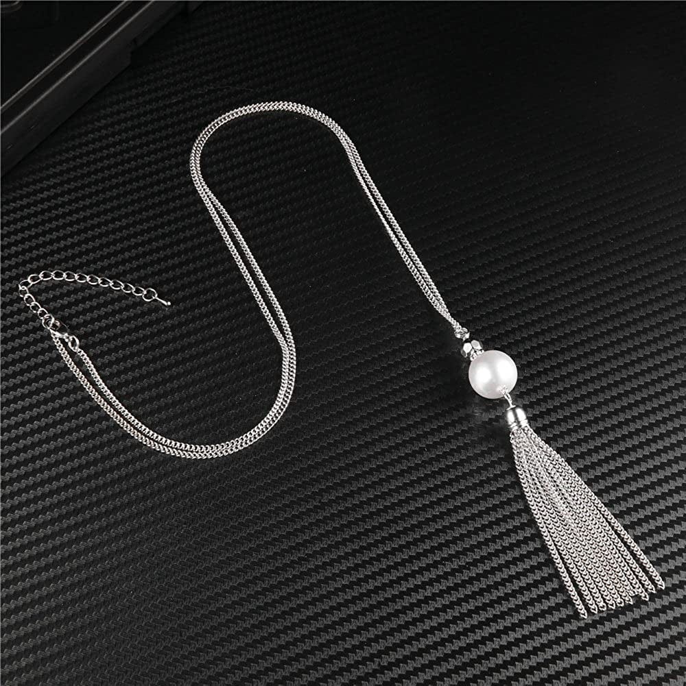 Long Tassel Pendant Necklaces for Women - Faux Pearl Necklace with Silver Chain, Fashion Jewelry for Lady
