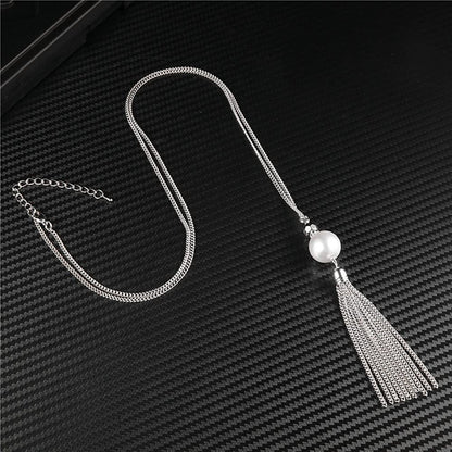 Long Tassel Pendant Necklaces for Women - Faux Pearl Necklace with Silver Chain, Fashion Jewelry for Lady