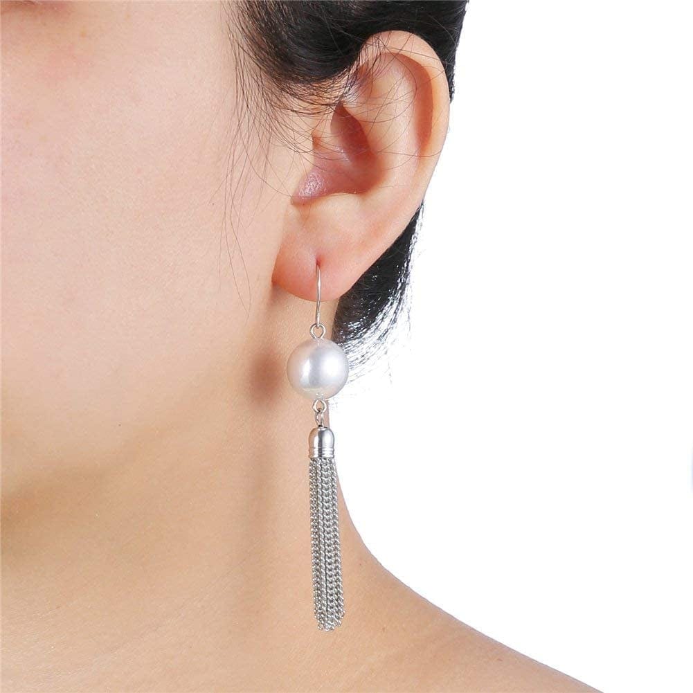 Long Tassel Pendant Necklaces for Women - Faux Pearl Necklace with Silver Chain, Fashion Jewelry for Lady