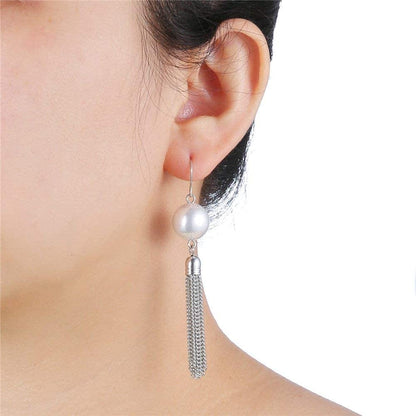 Long Tassel Pendant Necklaces for Women - Faux Pearl Necklace with Silver Chain, Fashion Jewelry for Lady