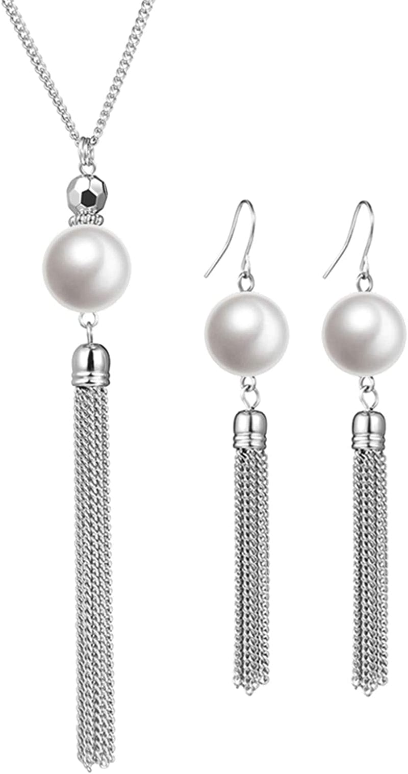 Long Tassel Pendant Necklaces for Women - Faux Pearl Necklace with Silver Chain, Fashion Jewelry for Lady White Necklace+Earrings