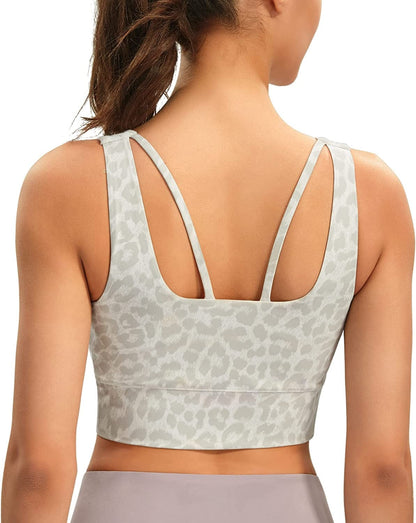 Longline Sports Bras for Women Padded Workout Tops Medium Support Crop Tops for Women Grey Leopard Printed / Large